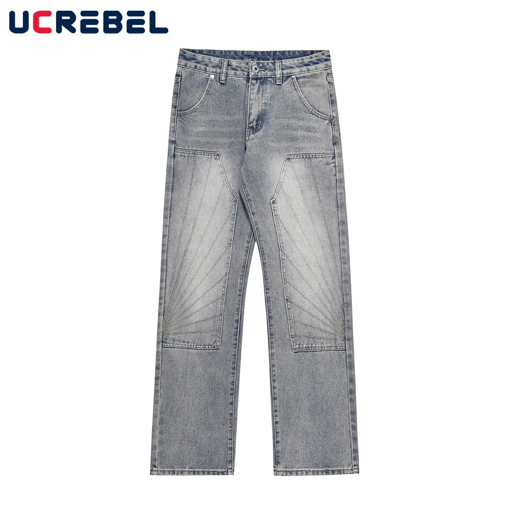

Washed Distressed Jeans Retro Mens Spliced Denim Pants Streetwear Loose Straight-leg Pants Men