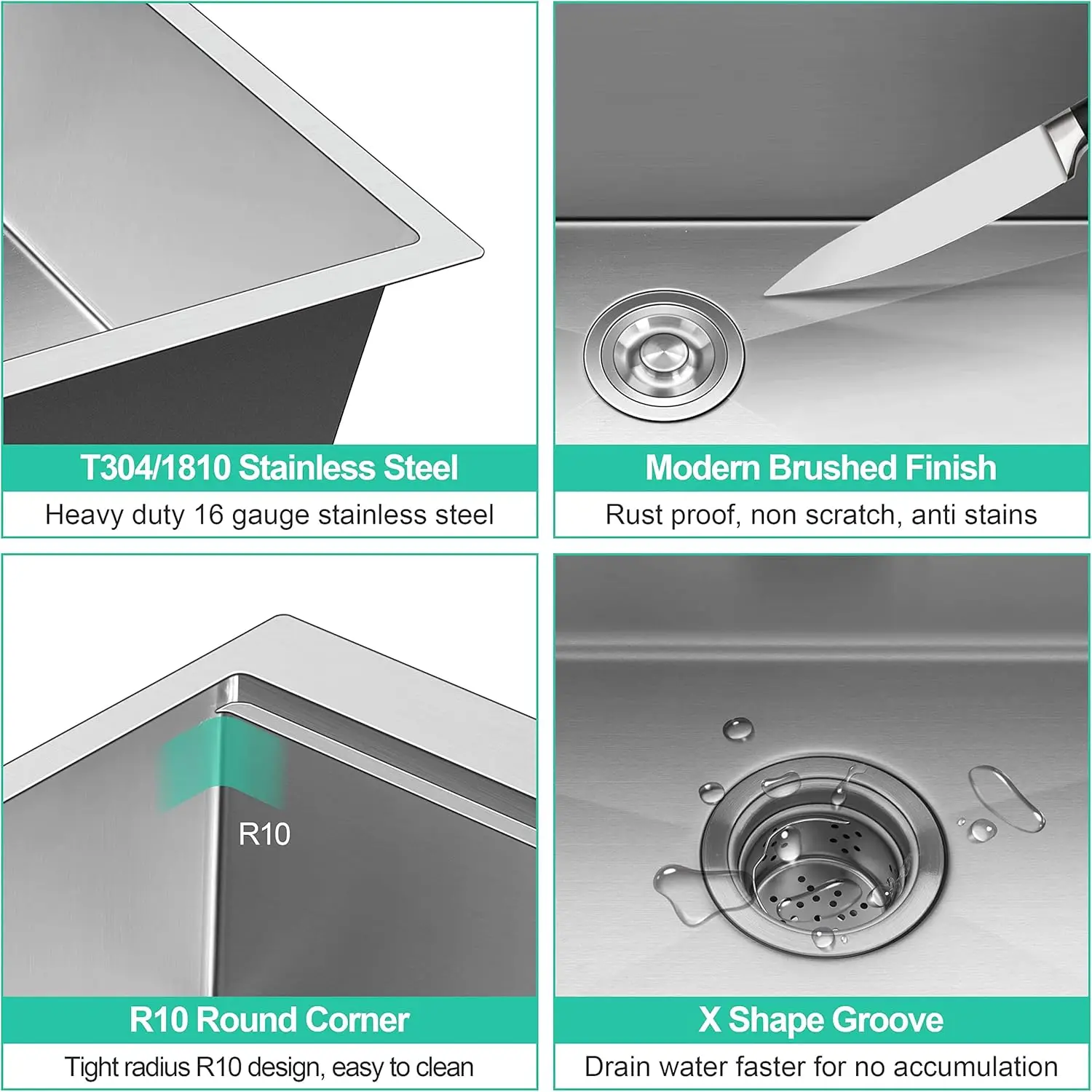 Kitchen Sink 33 x22 Inch, 16 Gauge Stainless Steel Drop In Kitchen Sinks Single Bowl 2-Hole R10 Corner, 10" Dee