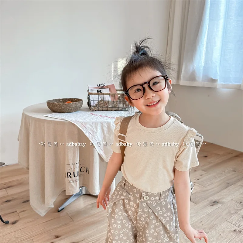

2023 Summer New Girls Short Sleeve T Shirts Solid Children Bottoming Shirts Cotton Princess Lace T Shirts Girls Tee Kids Clothes