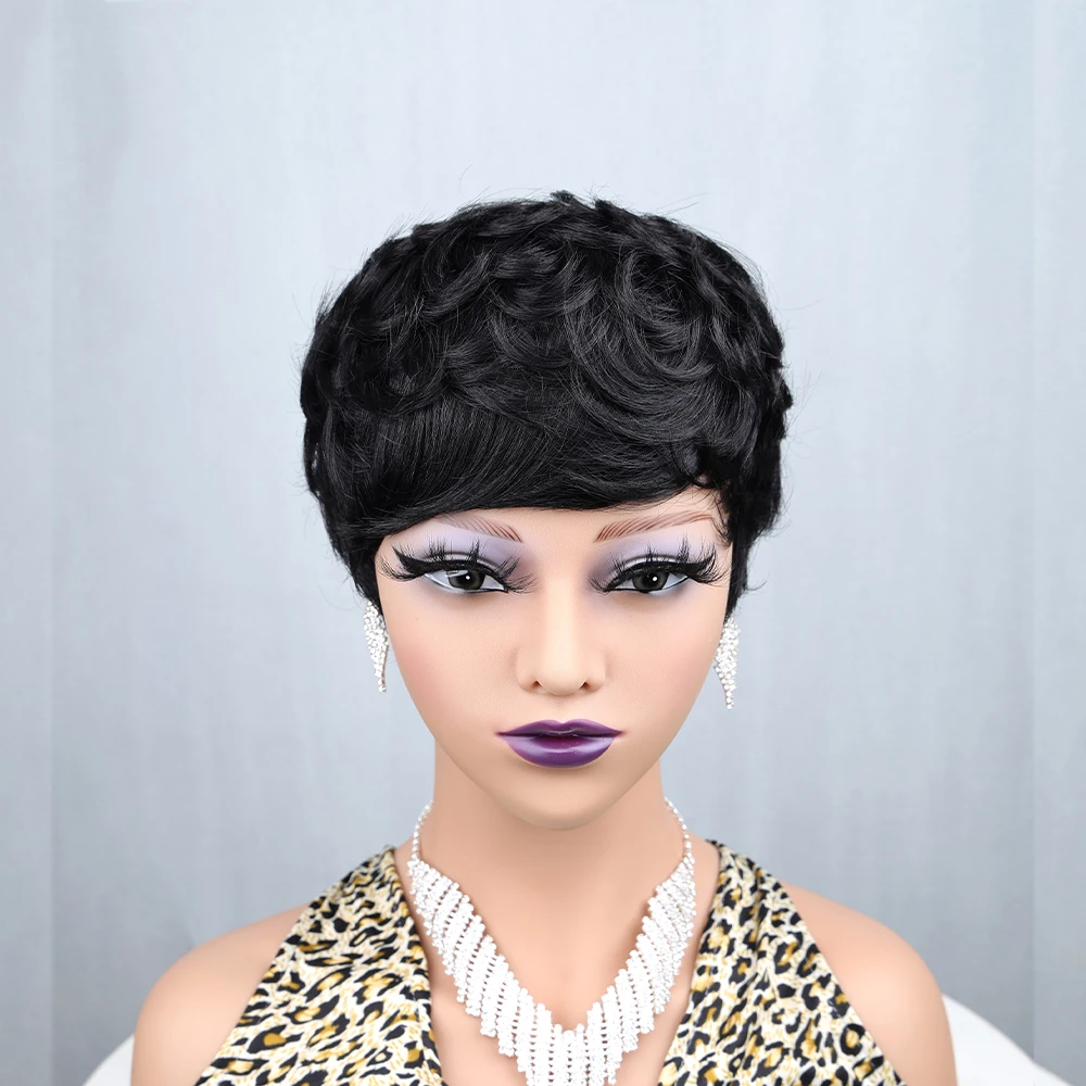 Pixie Cut Straight Short Bob Wig for All Women Brazilian Human Hair Full Machine Made Wigs Natural Black Color