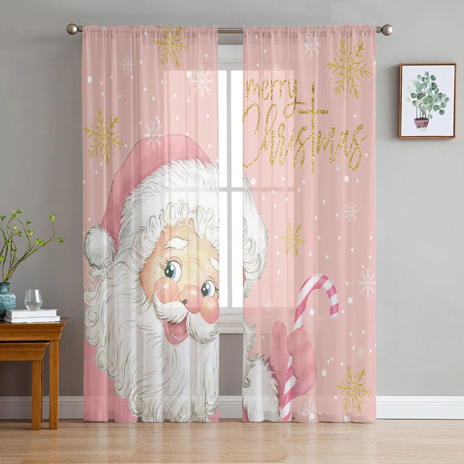 

Christmas Santa Claus Snowflakes Pink Tulle Curtain for Living Room Bedroom Christmas Decoration Window Voiles Tulle Curtain