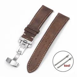 Vintage Cowhide Leather Watch Strap with Butterfly Buckle and Quick Release - 22mm (Dark Brown)