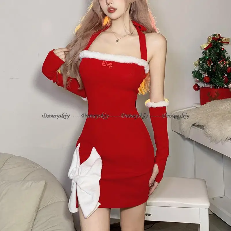 

Christmas White Bow Decoration Design Sense Red Vitality Women'S Mature Sexy Hot Slim Fit Halter Knit Dress