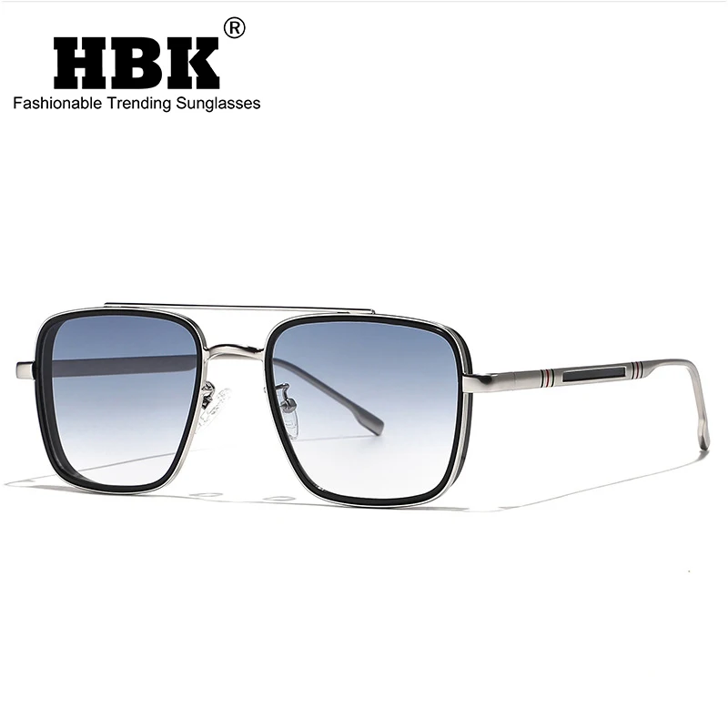 

HBK Fashion Cool Men Square Sun Glasses Gradient Blue Vintage Pilot Sunglasses Women Double Bridges Punk Goggle Oculos De Sol