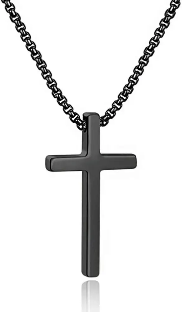 Unisex Stainless Steel Cross Pendant Necklace - Silver, Black, or Gold with 24 Box Chain