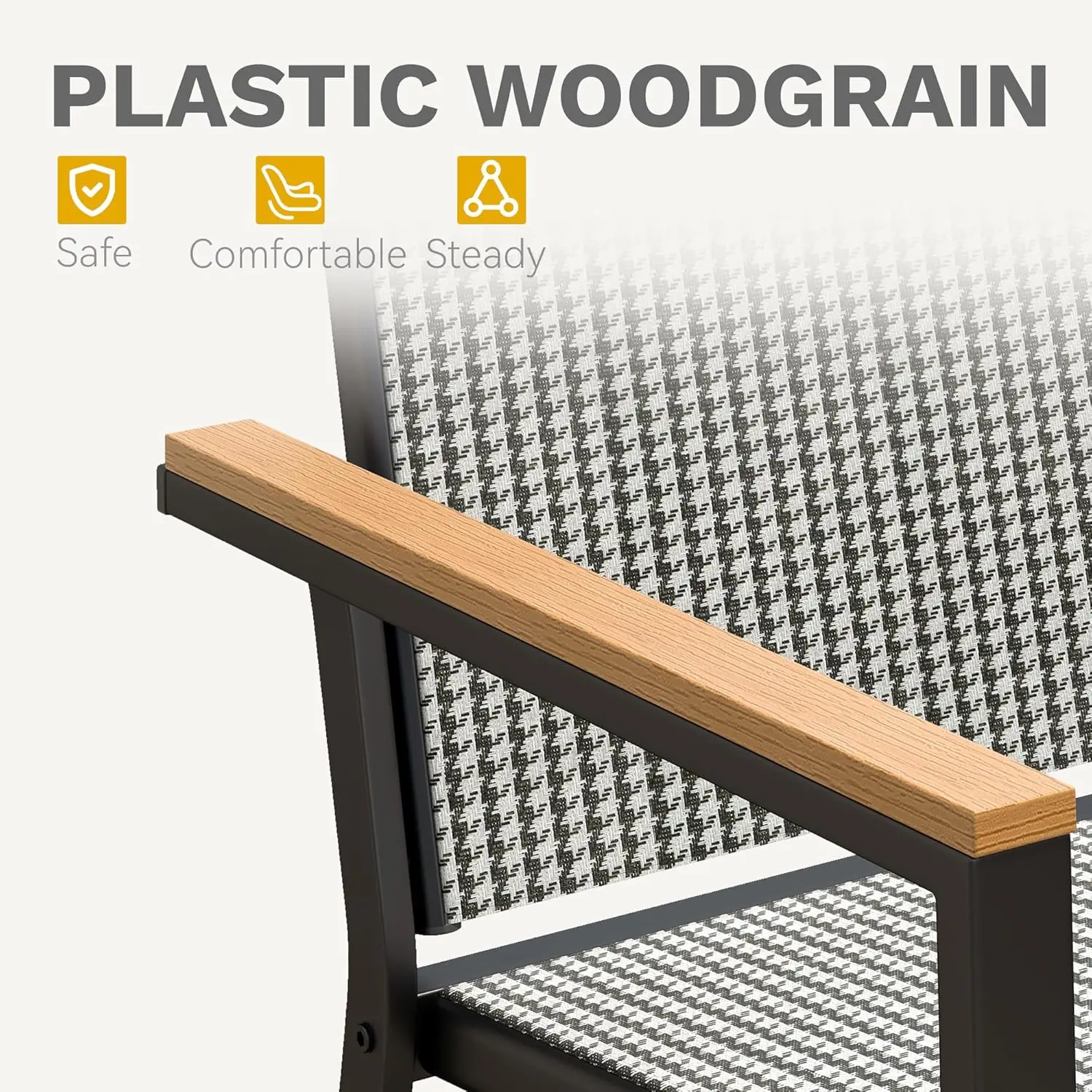 Stackable Patio Chairs Set of 2. All-Weather. Olefin Fabric. Faux Wood Armrests. Black & White Plaid.