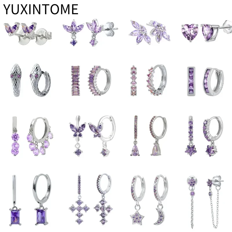 

925 Sterling Silver Ear Needle Fashion Hoop Earrings Purple Crystal Pendant Silver Earrings For Women Luxury Jewelry Gifts