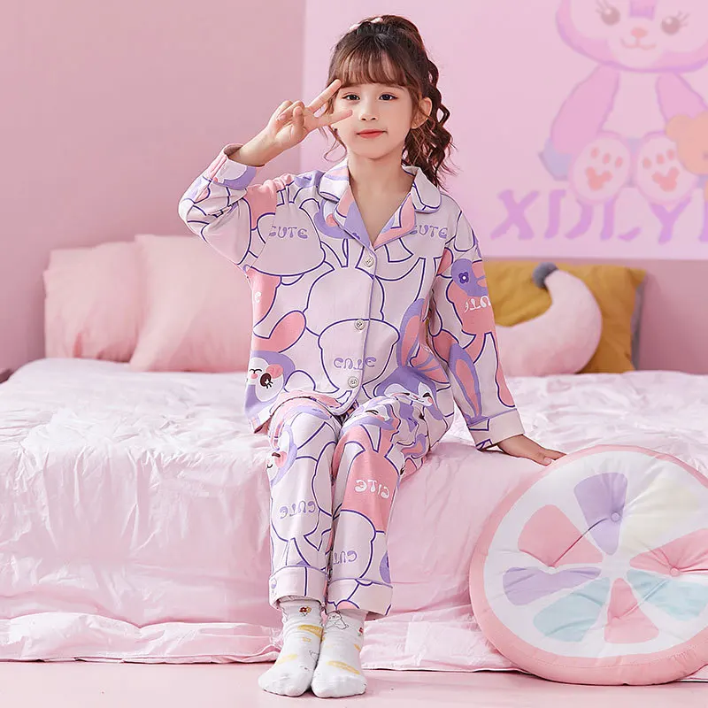 Kawaii Cartoon Print Children Pajama Set Anime Long-Sleeved Trousers Girls Clothing Baby Pajamas Sleepwear