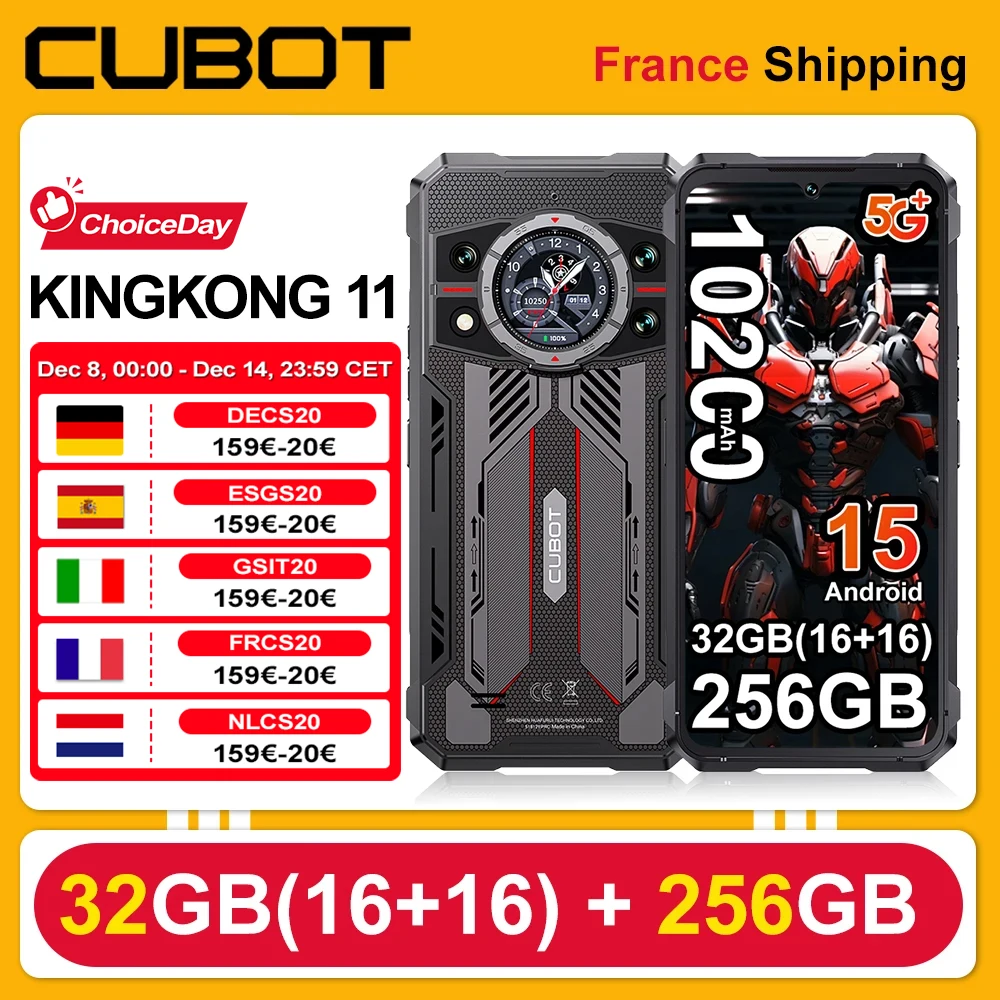 Cubot KingKong 11 Smartphone 5G 10200mAh 33W 32GB(16+16)+256GB 108MP+32MP+24MP+8MP 6.72'' FHD+ IPS Téléphone mobile NFC/GPS Android 15