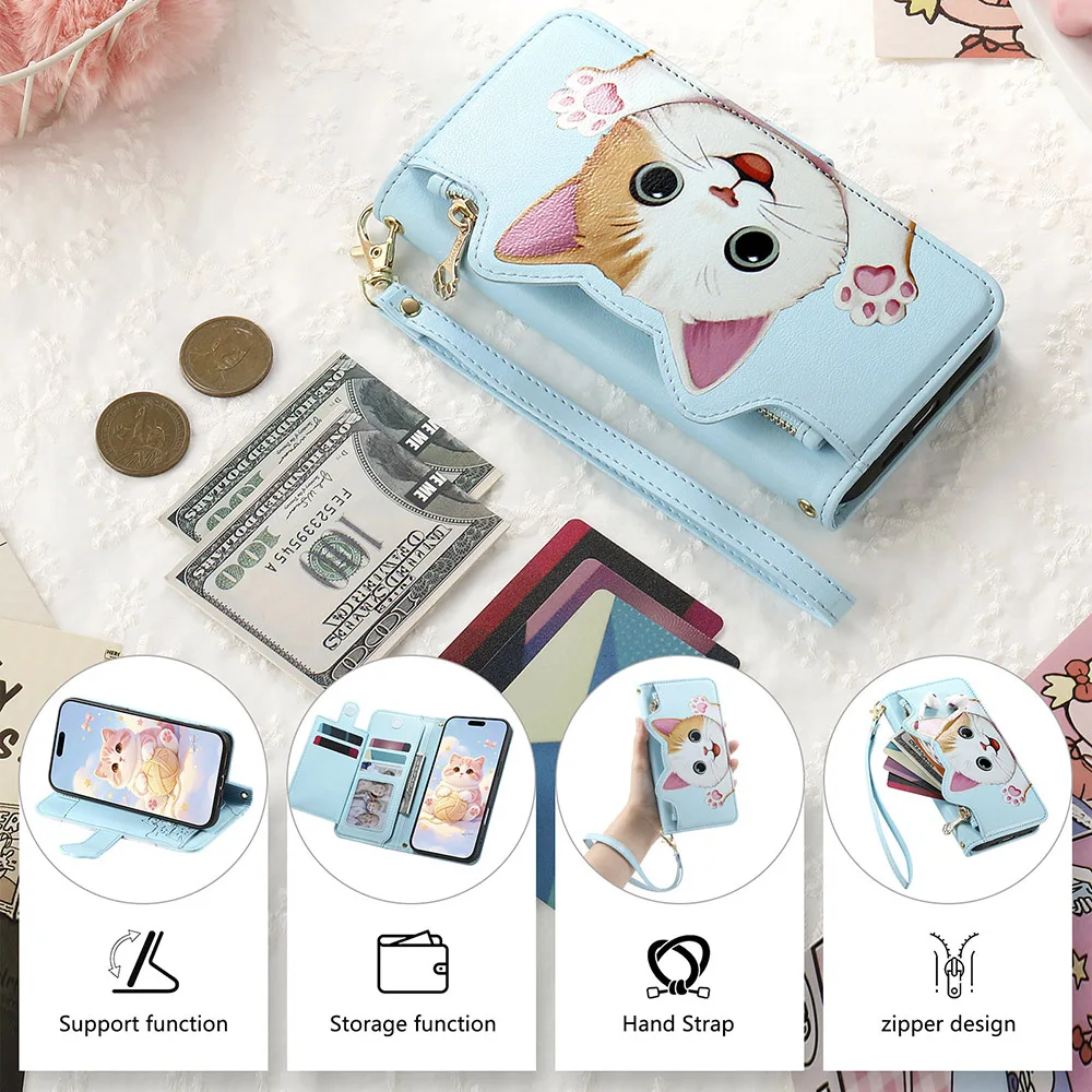 Adorable Cat Crossbody Lanyard Wallet Phone Case