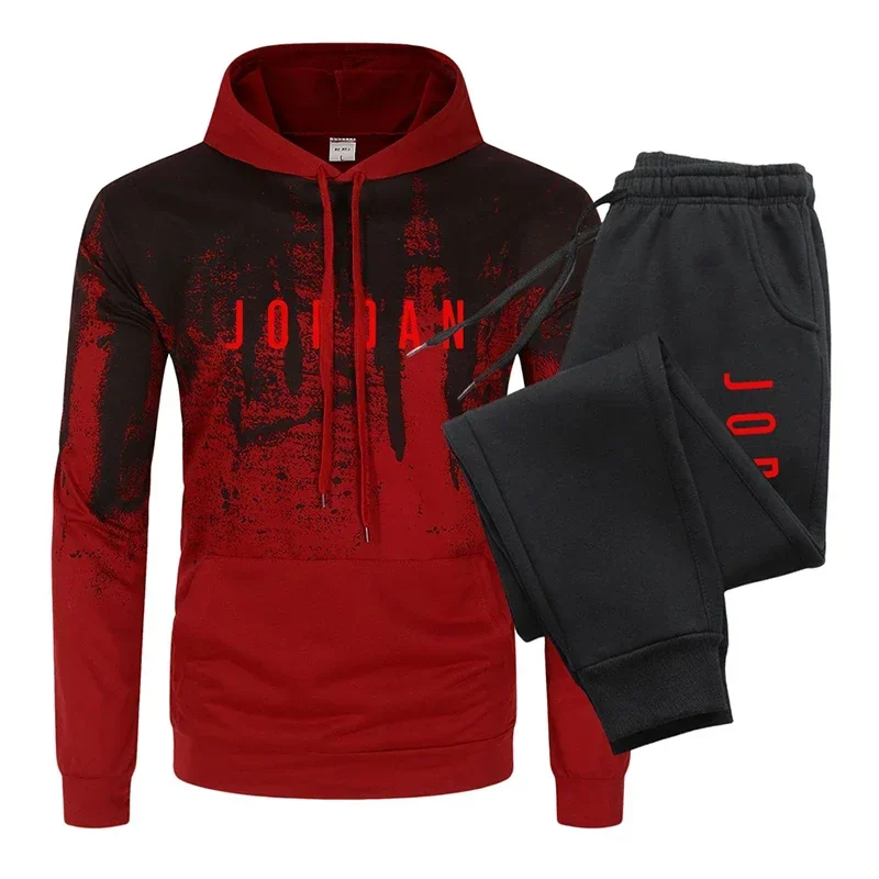 New Mens Tracksuit Sport Letter Printed Splash ink Hoodie Set Casual Sweatshirt+Warm Pants Suit Fleece Streetwear Tops Clothing