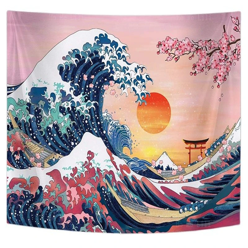 Japanese Fortress On Big Rock At Oceanside Cartoon Scenery Ultra High  Definition Wall Tapestry by Art Twister
