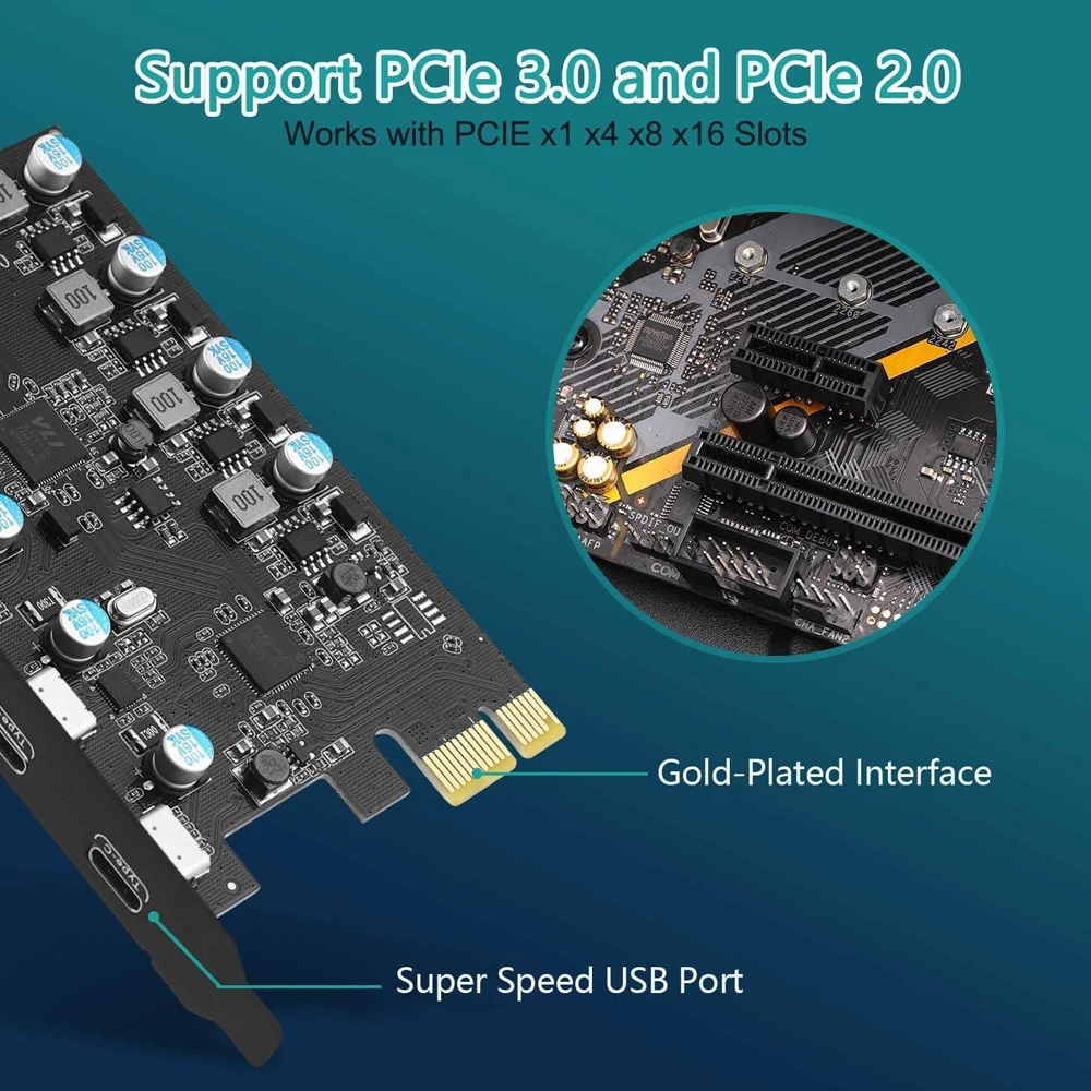 Pcie Adapter Card Pcie Expansion Card Pcie Usb Adapter Card 5 ports 5Gbps PCIE Expansion Card PCIE 1X To 5 Port Type C USB A USB 3.0 Adapter Controller PCI Express Riser Card Extender