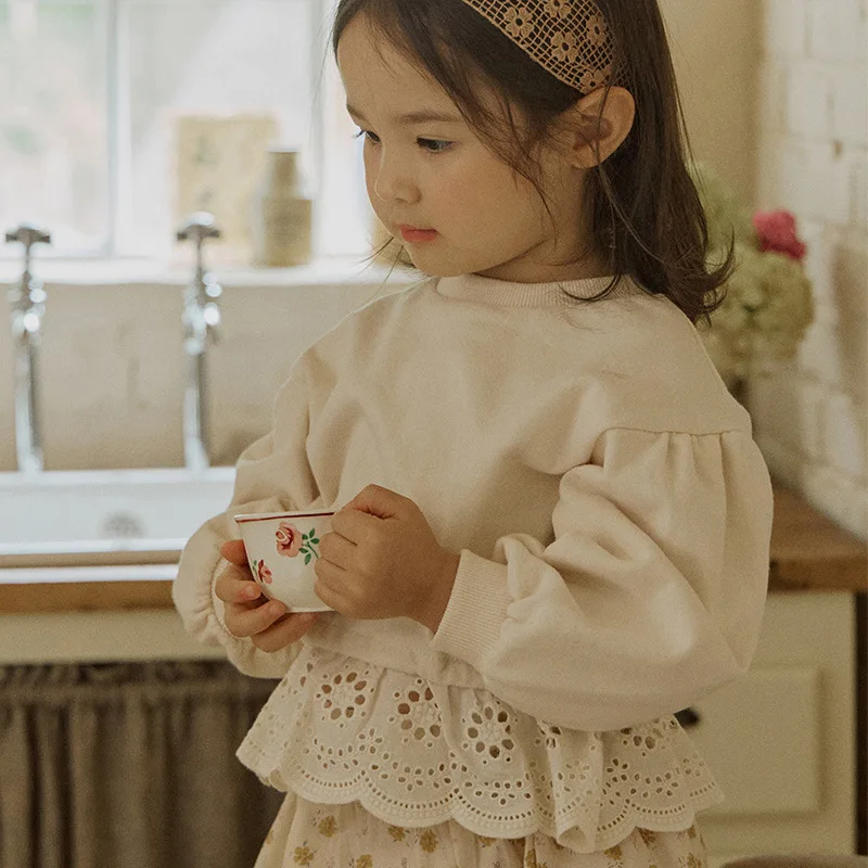 Autumn Korean Children Girls Fashionable Lace Round Neck Loose Short Sweater Clothing Sets