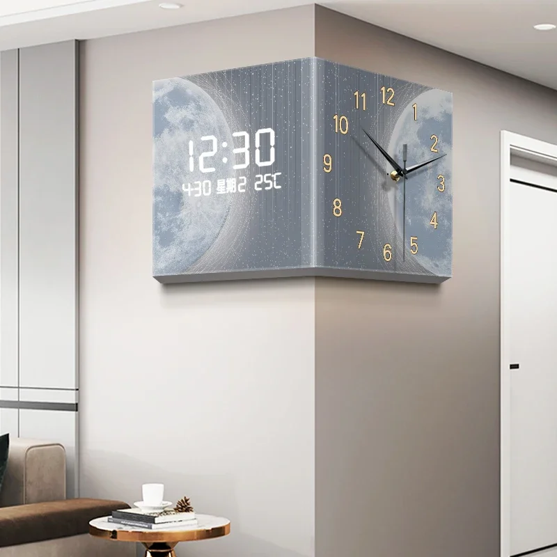 Living room double-sided corner clock new perpetual calendar electronic display wall clock dining room yang corner silent clockB