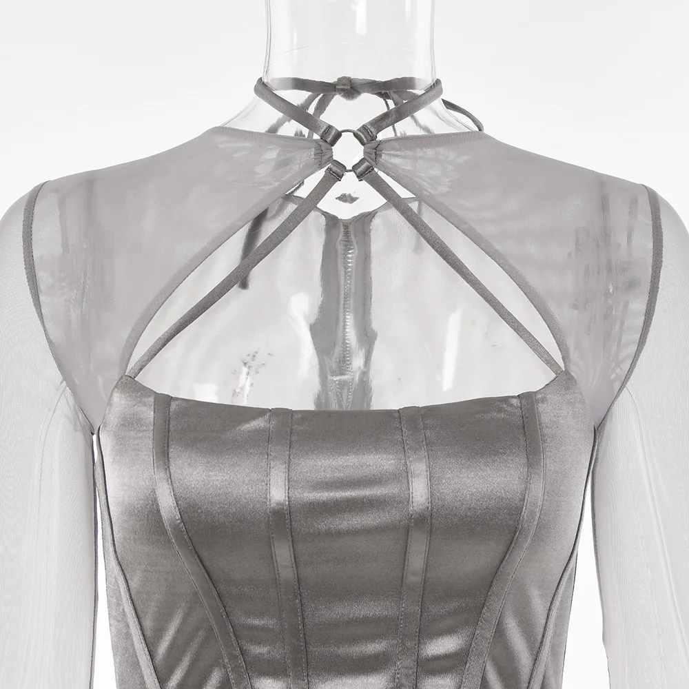 Asymmetrical See Through Sexy Women Clothes Solid Sheer Grey Elegant Corset Tops Club Mesh Outfits Long Sleeve Streetwear