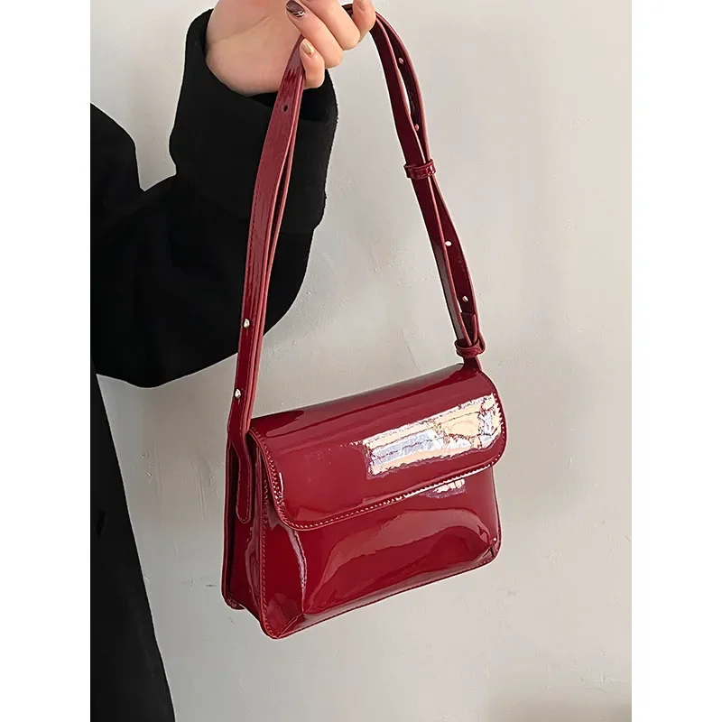 Vintage Bag Red Patent Leather Women's Shoulder Bag Fashion