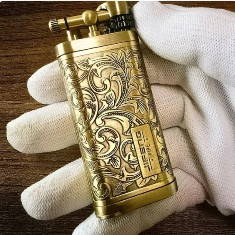 JIFENG Vintage Metal Grinding Wheel Brass Pipe Gas Lighter with Tobacco Pipe Tamper；Gentleman's Cigarette Cigar Butane Lighter 2