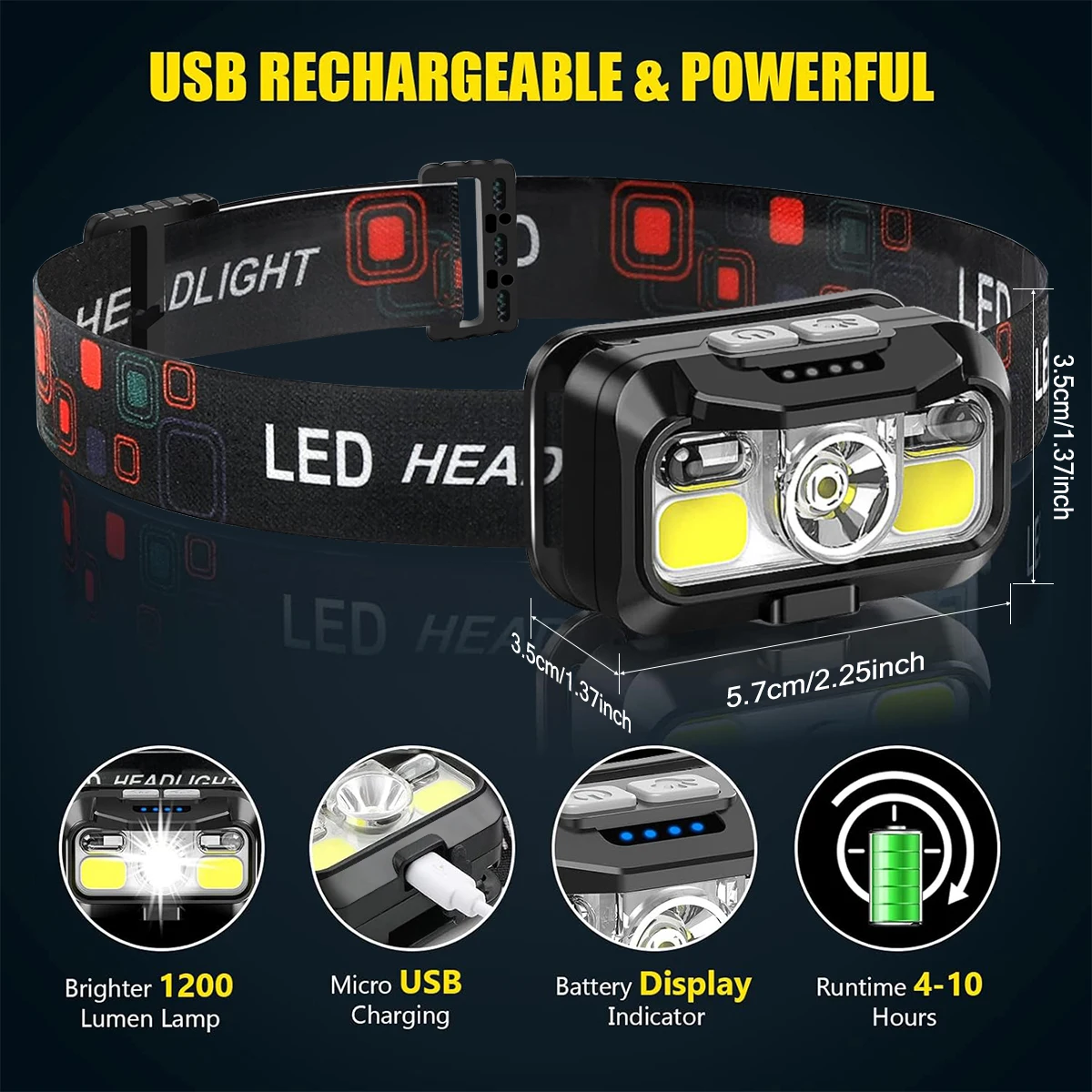충전식 LED 헤드 램프, 야외 헤드 램프, 화이트 레드 라이트, 1200 루멘, 매우 밝은 헤드 손전등, 캠핑용 8 가지 모드