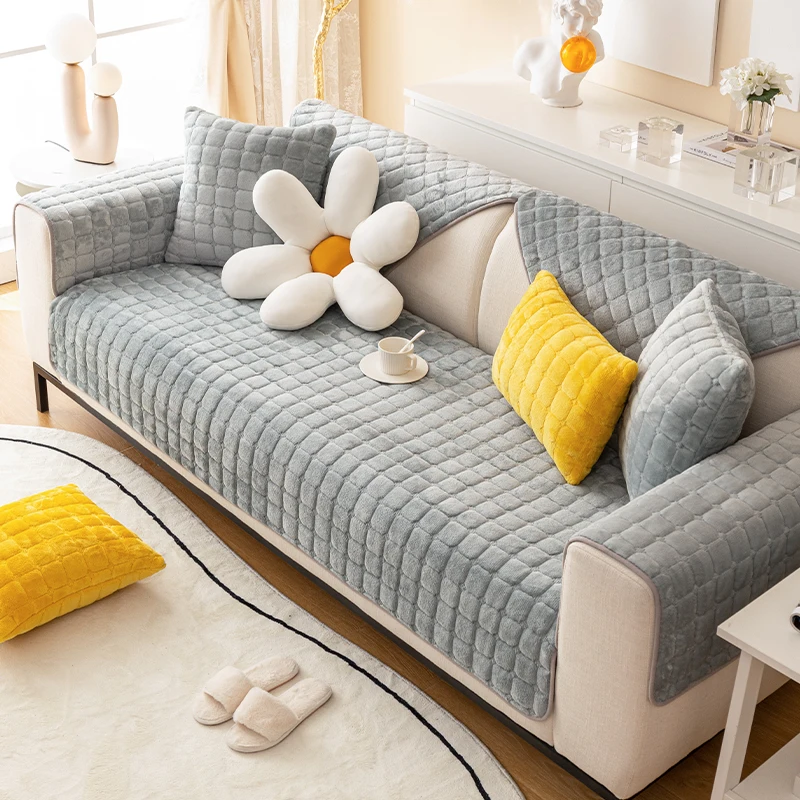 Solid color plush sofa cushion for autumn and winter warmth, thickened anti slip pet friendly sofa protective cover 6