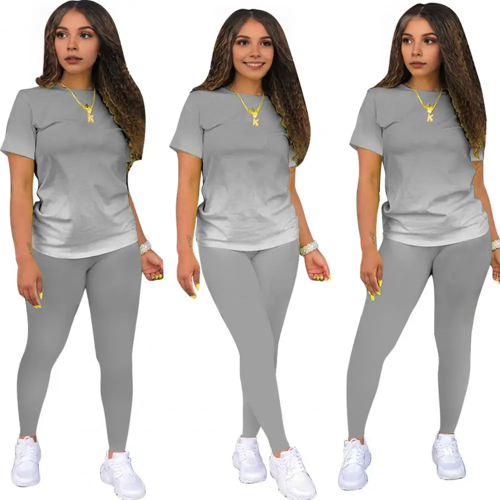 

Elastic Waist Trousers Set Gradient Contrast Color Women's T-shirt Leggings Set with O Neck Short Sleeves Elastic Waist Skinny