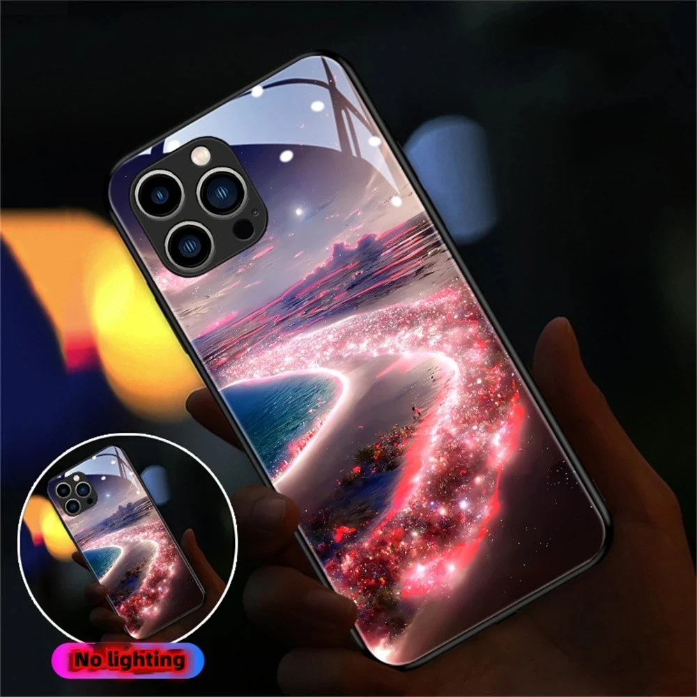 

Pretty Beach Smart LED Light Glow Tempered Glass Phone Case For Samsung S24 S23 S22 S21 Note20 Plus Ultra A54 A14 Luminous Cover