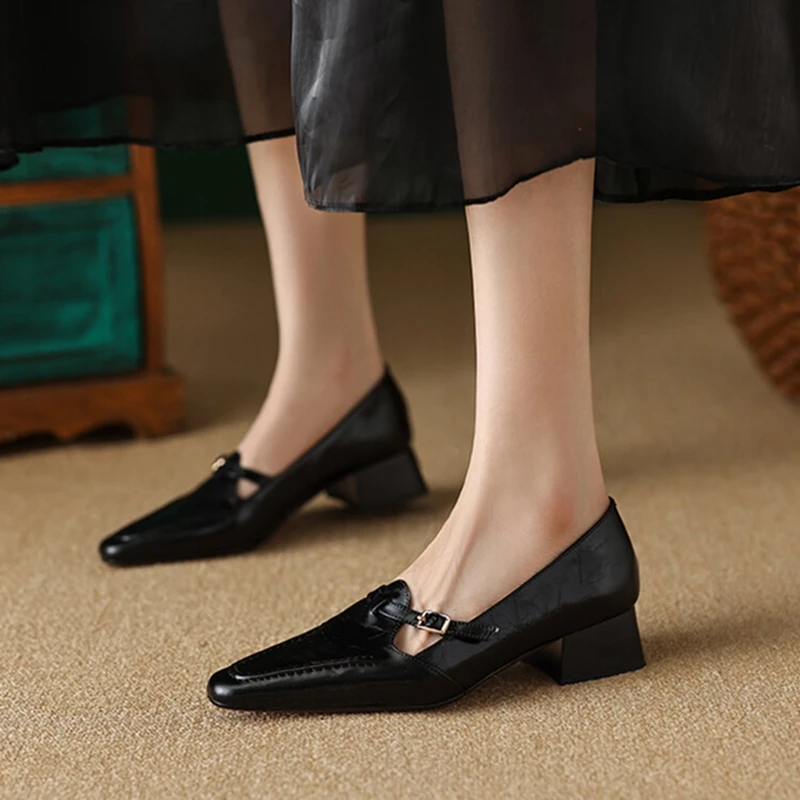

NEW Spring/Autumn Women Loafers Genuine Leather Shoes for Women Square Toe Chunky Heel Shoes Concise Buckle Low Heel Women Pumps