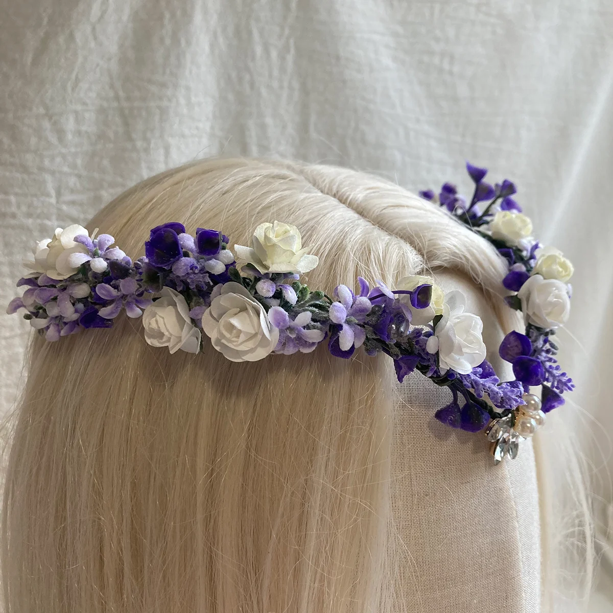 라벤더 엘븐 서클릿 요정 티아라 보라색 꽃 머리띠, 엘븐 크라운, V 자형 꽃 왕관, 보호 결혼 엘프 헤드피스
