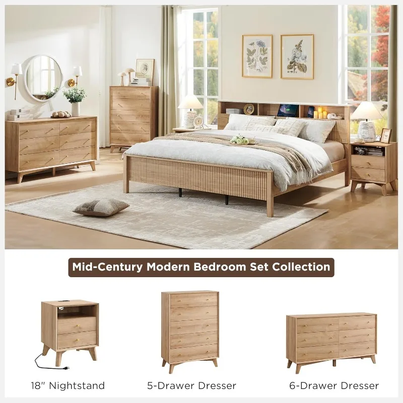 6 Drawer Dresser, 54" Wide Mid Century Modern Chest of Drawers, Beveled Profile Design