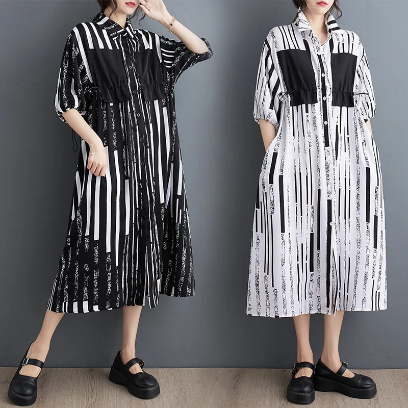 

#3641 Black White Striped Printed Asymmetric Shirt Dress Half Sleeve Thin Loose Button Front Shirt Dress Women Pockets Summer