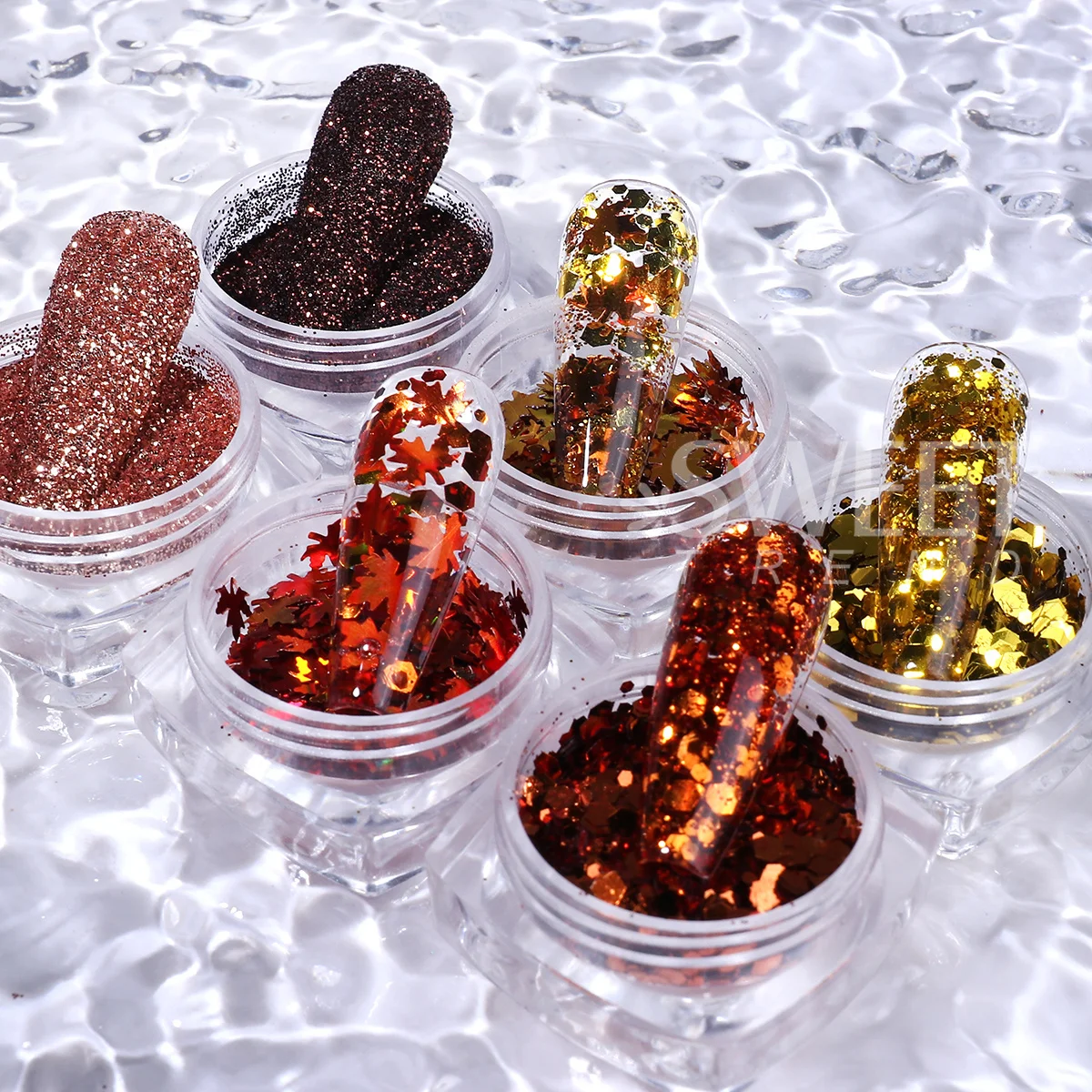 6 Bottle Autumn Winter Nail Glitter Flakes Maple Leaves Hexagon Diamond Powder Sequins Golden DIY Charm Manicure Supplies Flash