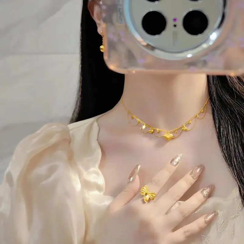 9999 24K Real Gold Tassel Lace Heart Necklace for Women Heart Integrated Collarbone Necklace
