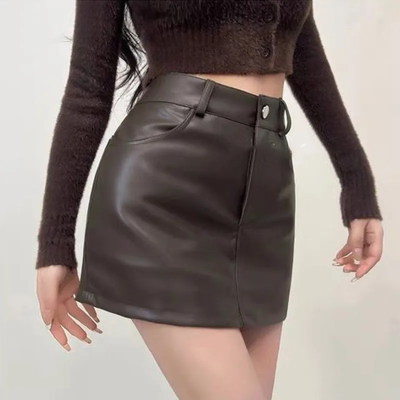 Retro Pu Leather Skirt for Women's Autumn Winter High Waist Sexy A-line Shorts Skirt Fashion Female Clothing Black Brown