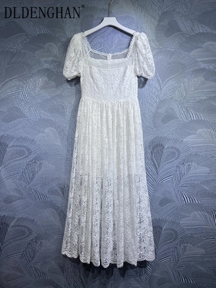 

DLDENGHAN Fashion Early Autumn Lace Long Dress Women Square Collar Lantern Sleeve Hollow Out High Waist Vintage Party Dresses