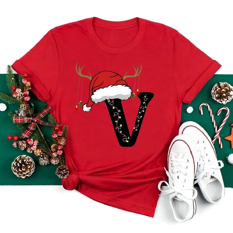 Weihnachten Alphabet T Shirt Frauen Casual Mode T-shirt Kurzarm Weihnachten Party Ästhetik Rot Top Harajuku Hülse Casual – Detail 14