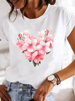 T-shirt graphique à manches courtes et col rond pour femmes, haut décontracté, t-shirts College, vêtements pour femmes, mode douce, fleur, années 90 5