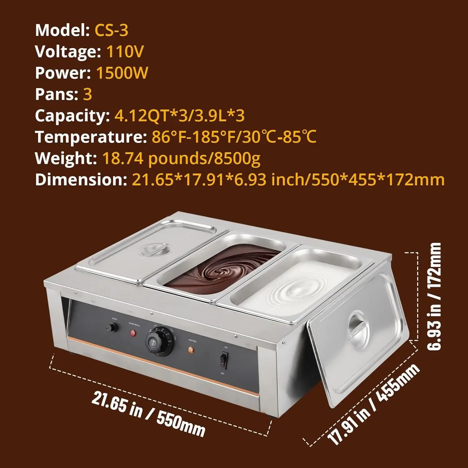 Tempering Machine-4.12 QT*3 Tanks, Temp Control 86~185℉, 1500W Stainless Steel Electric Commercial Food Warmer for C