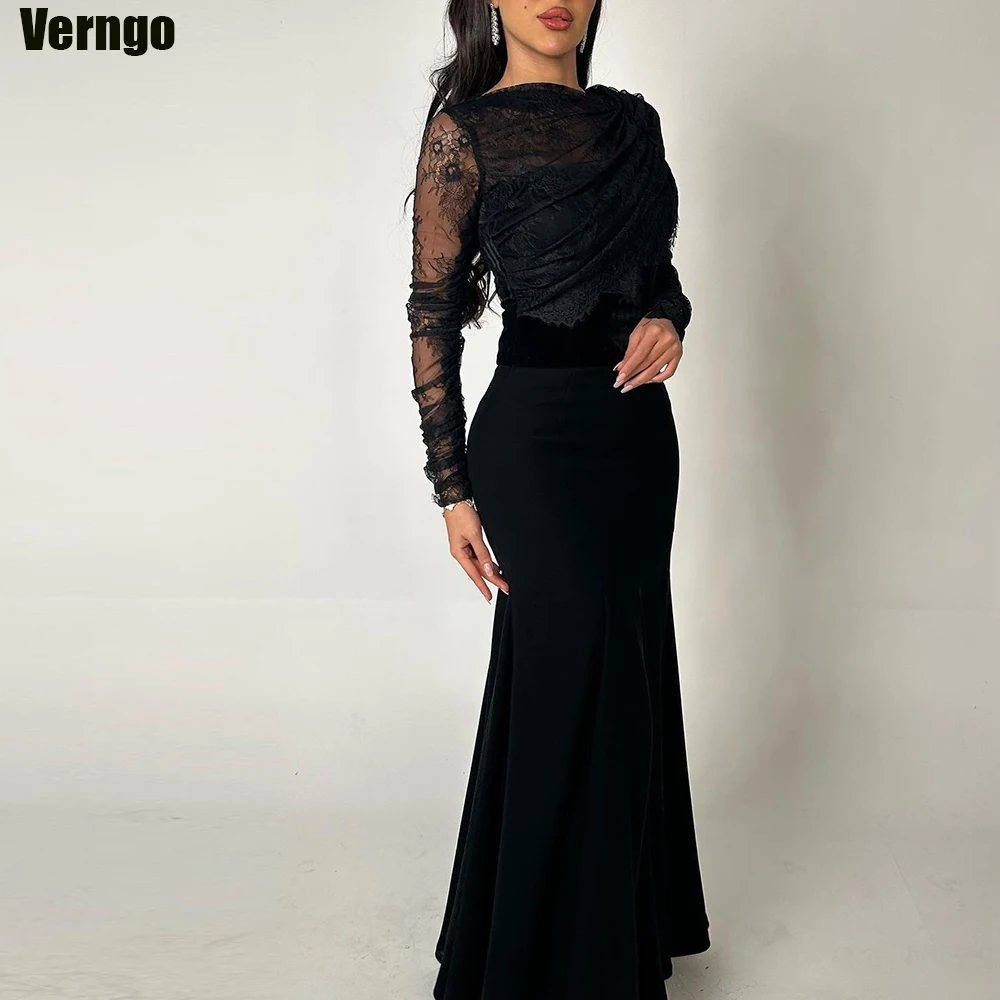 

Verngo Mermaid Saudi Arabia Evening Party Dresses O-neck Long Sleeves Prom Dress Satin Lace Formal Occasion Gown Robes De Soirée