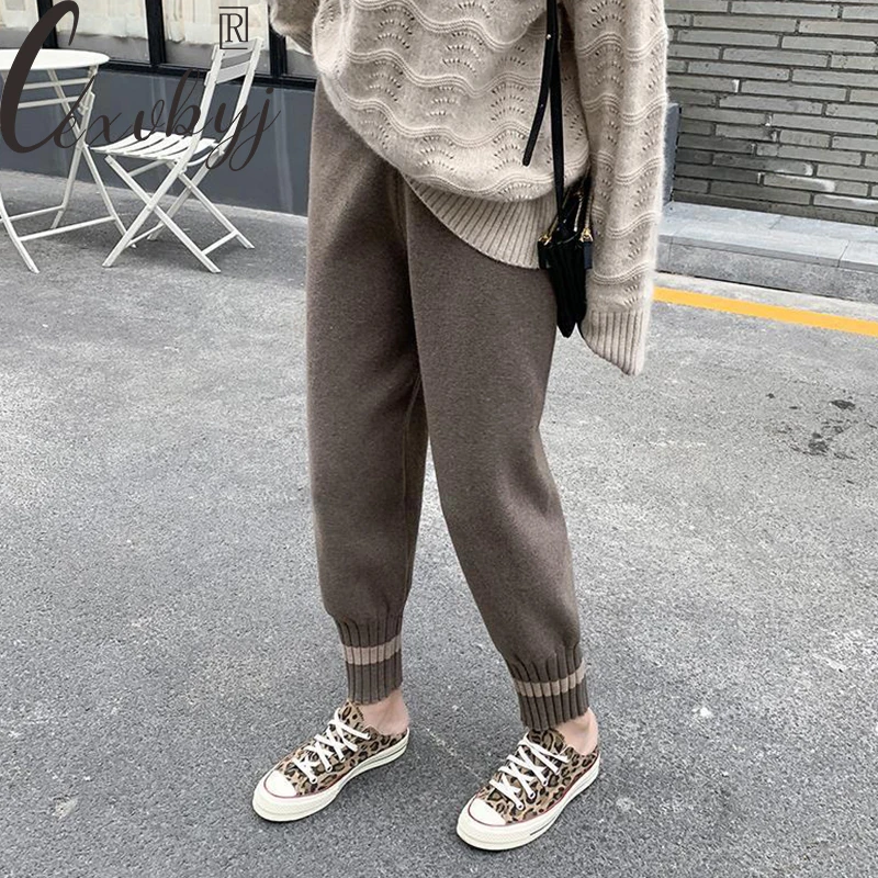 Knitted Pants Women Autumn Winter High Waist Casual Harem Trousers 2023 Korean Fashion Patchwork Stretch Baggy Pantalones S-2xl