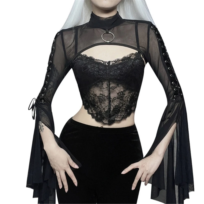 

Temperament Perspective Mesh Top Women's Dark Half High Neck Design Dropship
