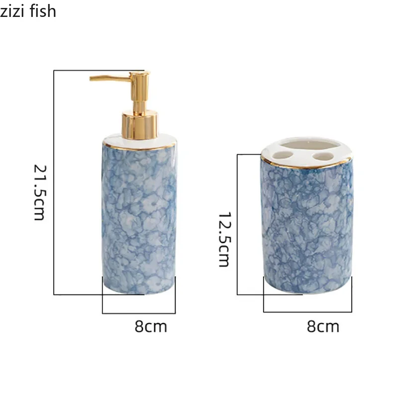 Sea Blue Ripple Bathroom Accessories Set Portable Soap Dispenser Toothbrush Holder Soap Dish Quality Ceramic Bath Supplies