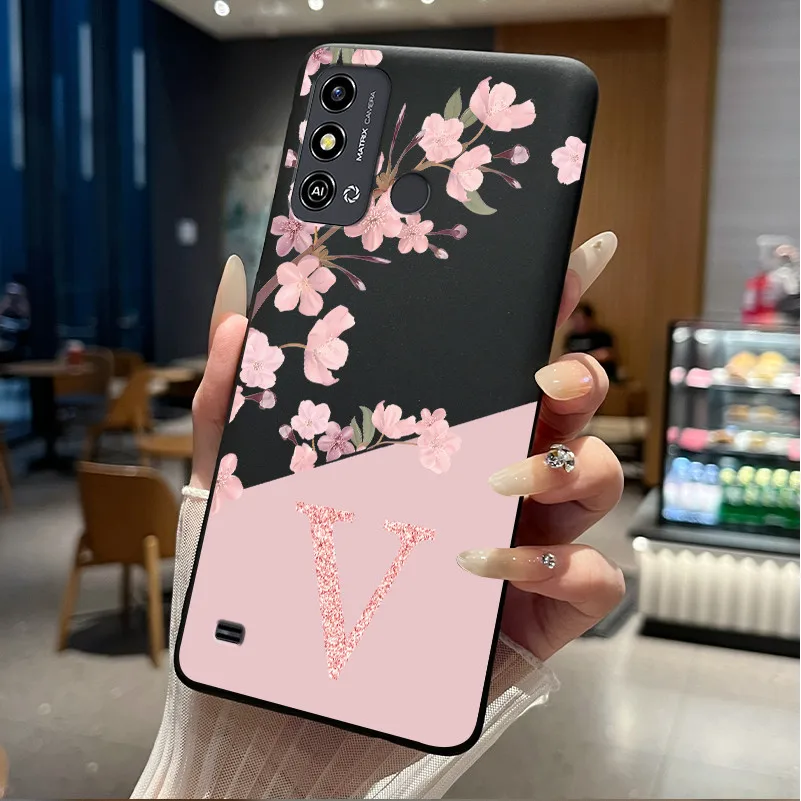 Floral Initials Black Silicone Phone Case - Soft Protective Back Cover