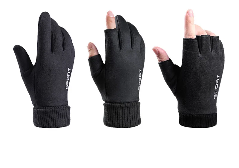 Men Winter Suede Leather Plush Thick Half Finger Touch Screen Warm Driving Glove Men's Sport Letter Cycling Riding Mitten P10