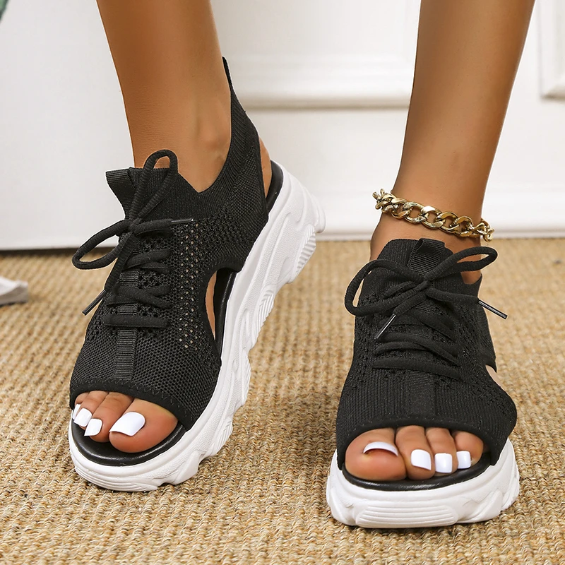 Women Sandals Summer Mesh Casual Shoes Thick-Soled Lace-Up Open Toe Beach Shoes