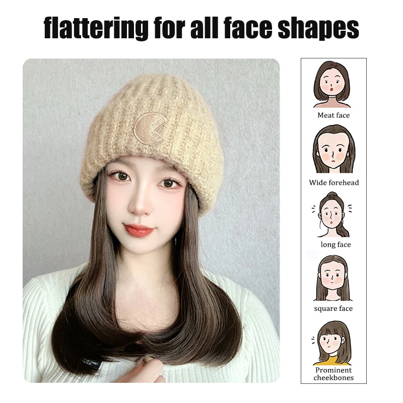 Hat wig one-piece women's collarbone hair simulation hair full head cover fashionable knitted wig hat