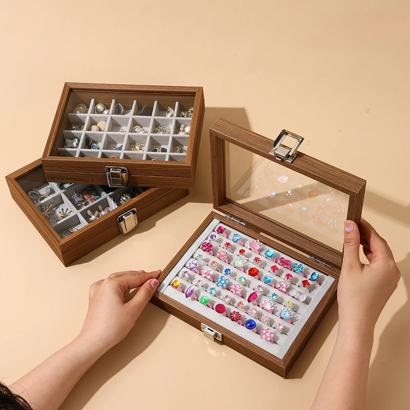 Wood Jewelry Storage Boxes Ring Necklace Jewelry Box Organizer Women Bracelet Earrings Transparent Tray Display Accessories