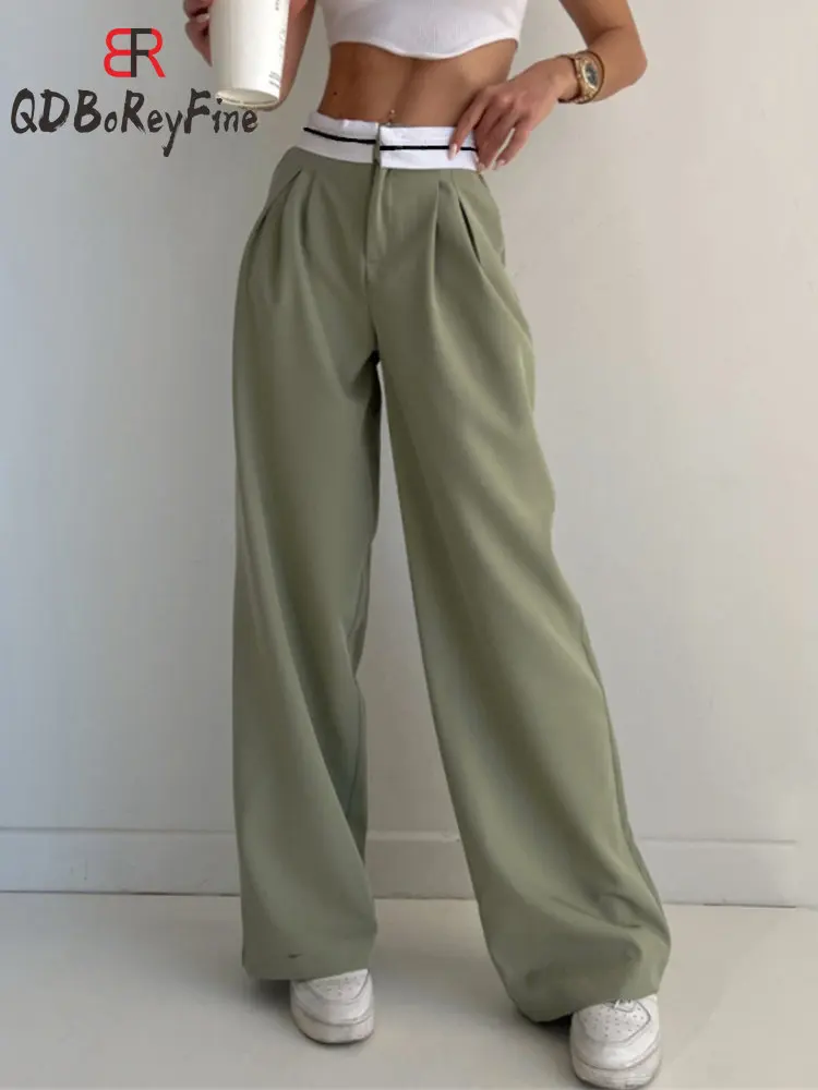 

Summer Women's Pants High Waist Black Office Ladies Korean Oversized Straight Pant with Pockets Vintage Wide Leg Pants Women
