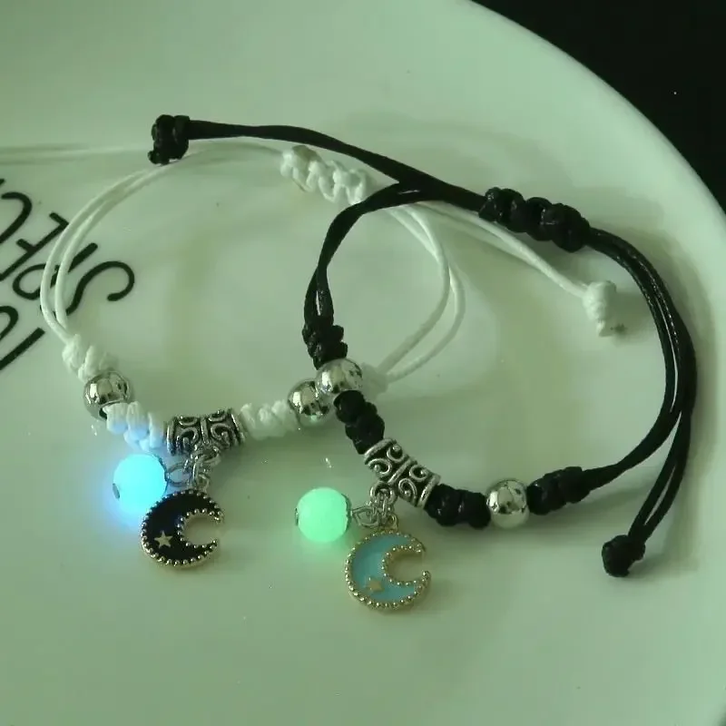 2PC Luminous Beads Star Couple Bracelet Women Men Charm Cat Flower Heart Key Lock Cross Matching Friend Bracelets Jewelry
