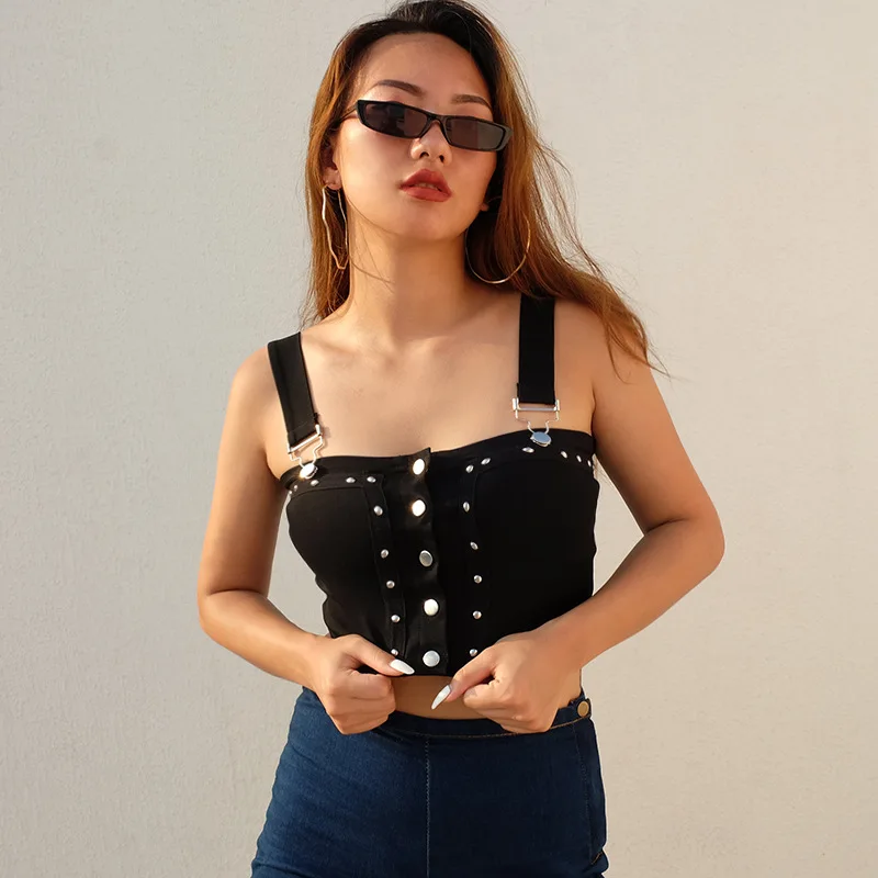 sexy camisole Off Shoulder Women Fashion Rivet Punk Tank Top 2019 Summer Sexy Backless Adjustable Metal Button Strappy Crop Top lace camisole