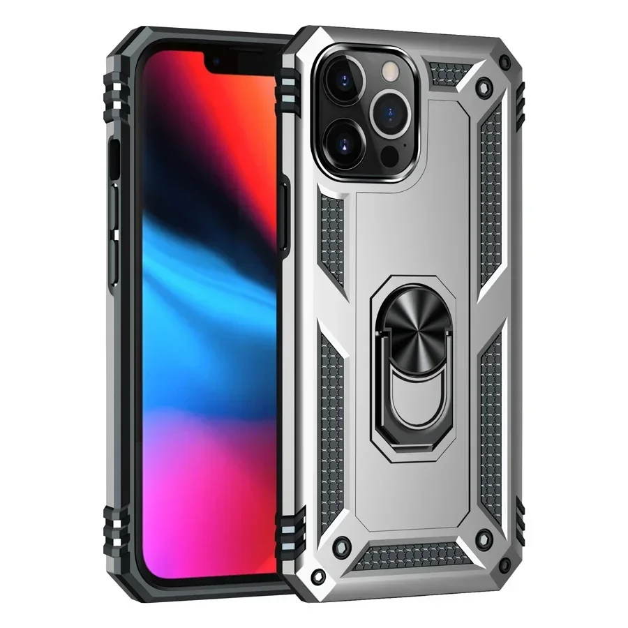 Shockproof Armor Bumper Case with Finger Holder and Magnetic Metal Ring Cover